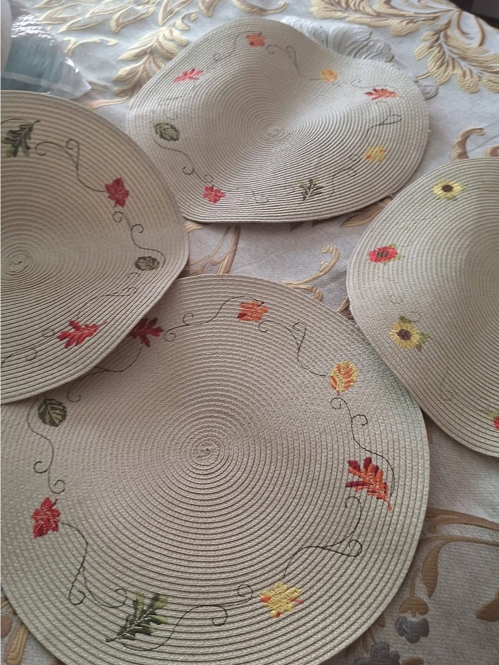 Handmade Woven Placemats with Autumn Leaf Embroidery - Beige set of 4